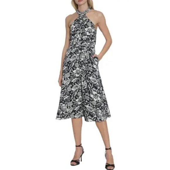 Maggy London Womens Buckle Halter Midi Dress Size 12 Black Floral Couture NWT - Picture 1 of 16
